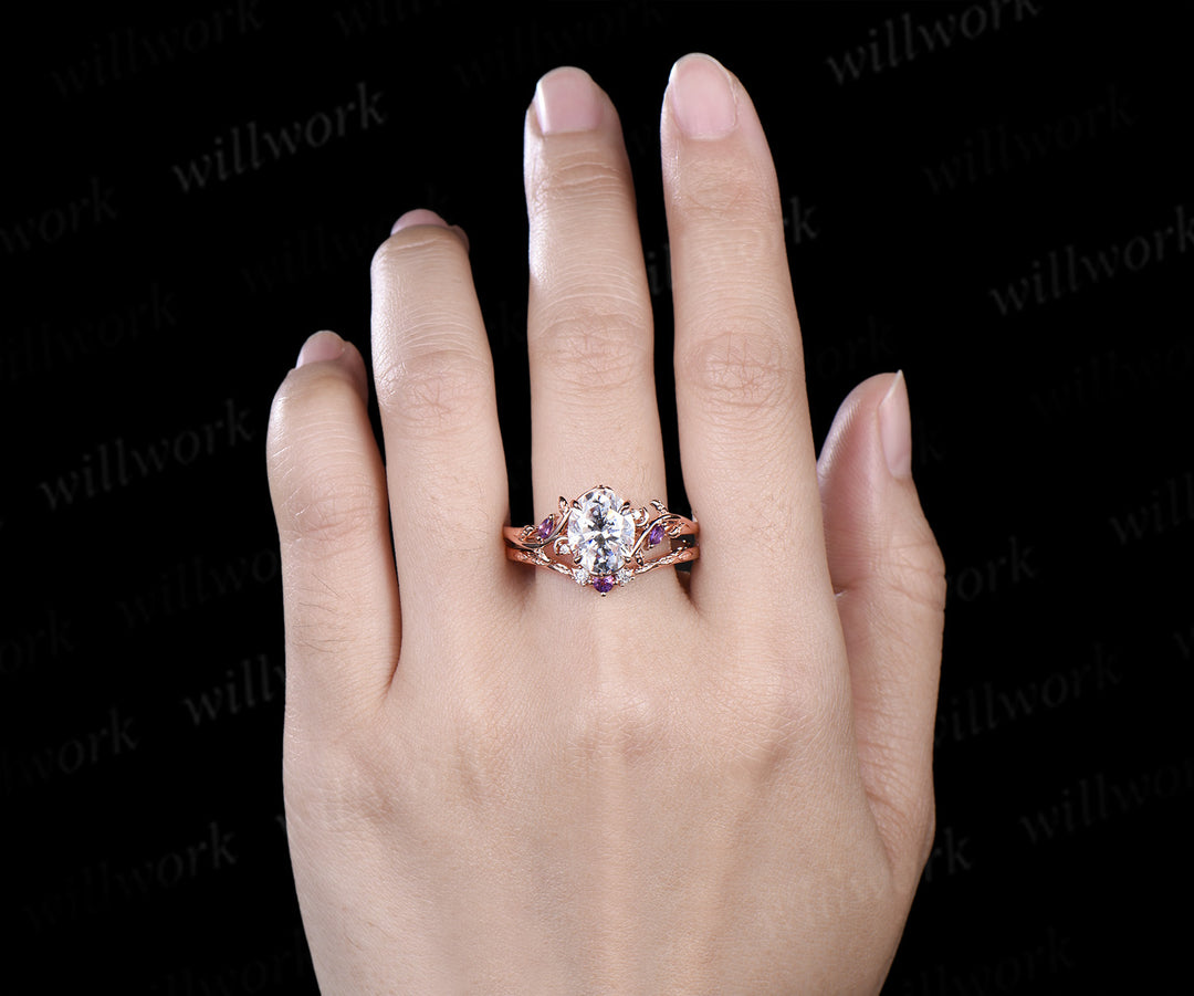 Oval moissanite engagement ring set leaf moon ring amethyst curved band nature inspired bridal set