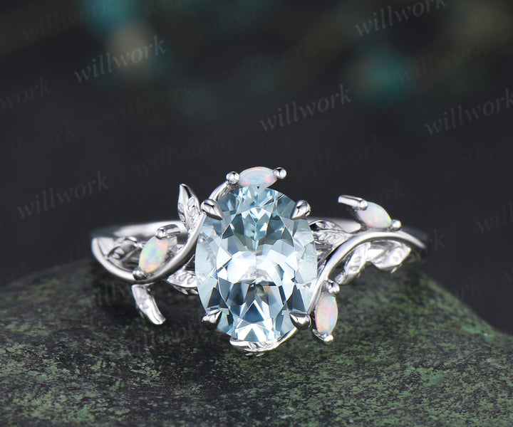 8x10mm oval natural aquamarine ring marquise opal leaf twig engagement ring nature inspired March jewelry gifts