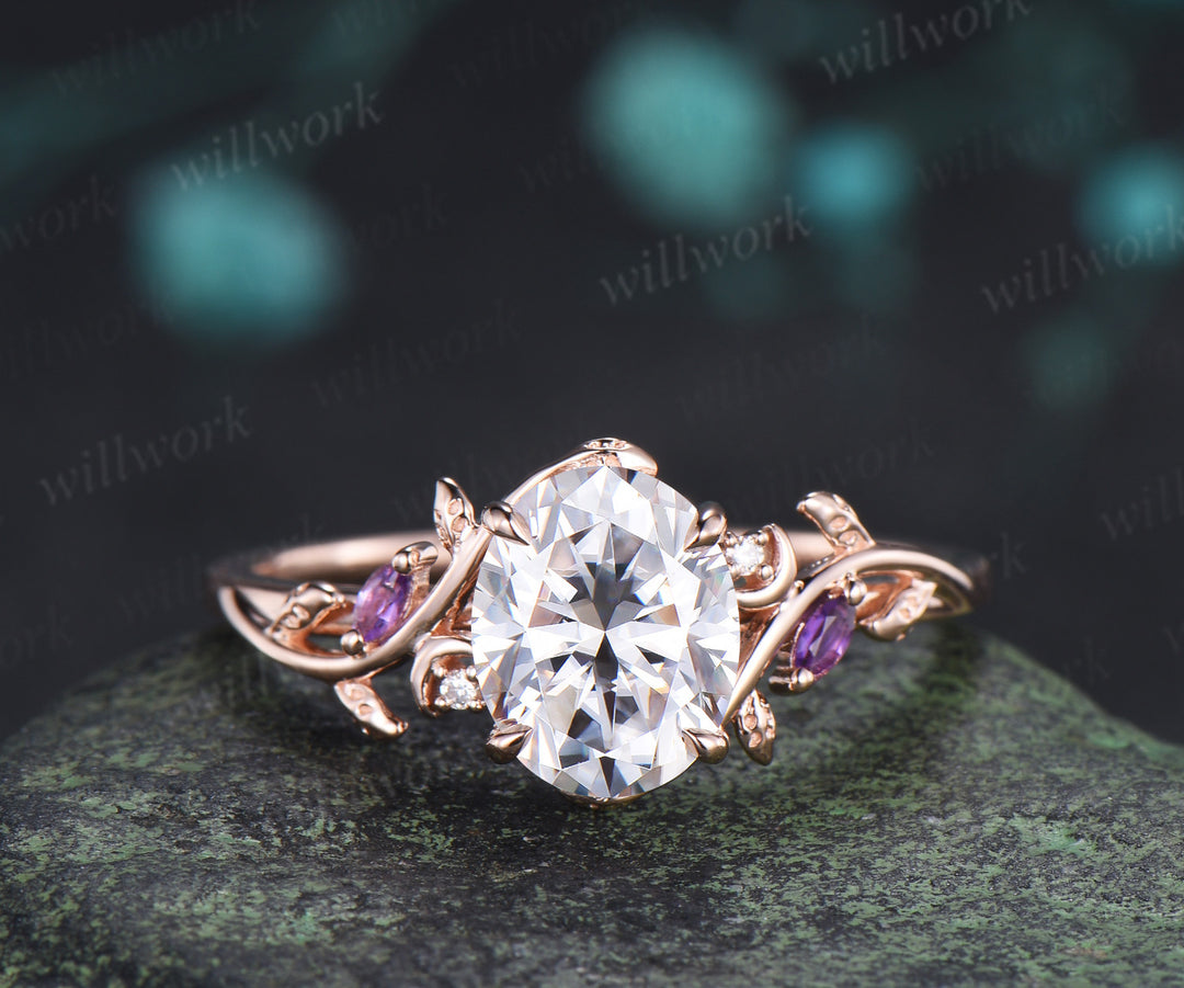 Oval moissanite engagement ring set leaf moon ring amethyst curved band nature inspired bridal set