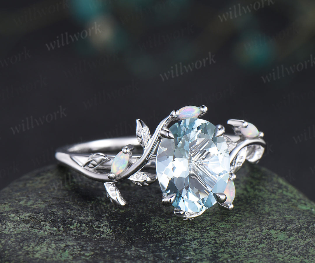 8x10mm oval natural aquamarine ring marquise opal leaf twig engagement ring nature inspired March jewelry gifts