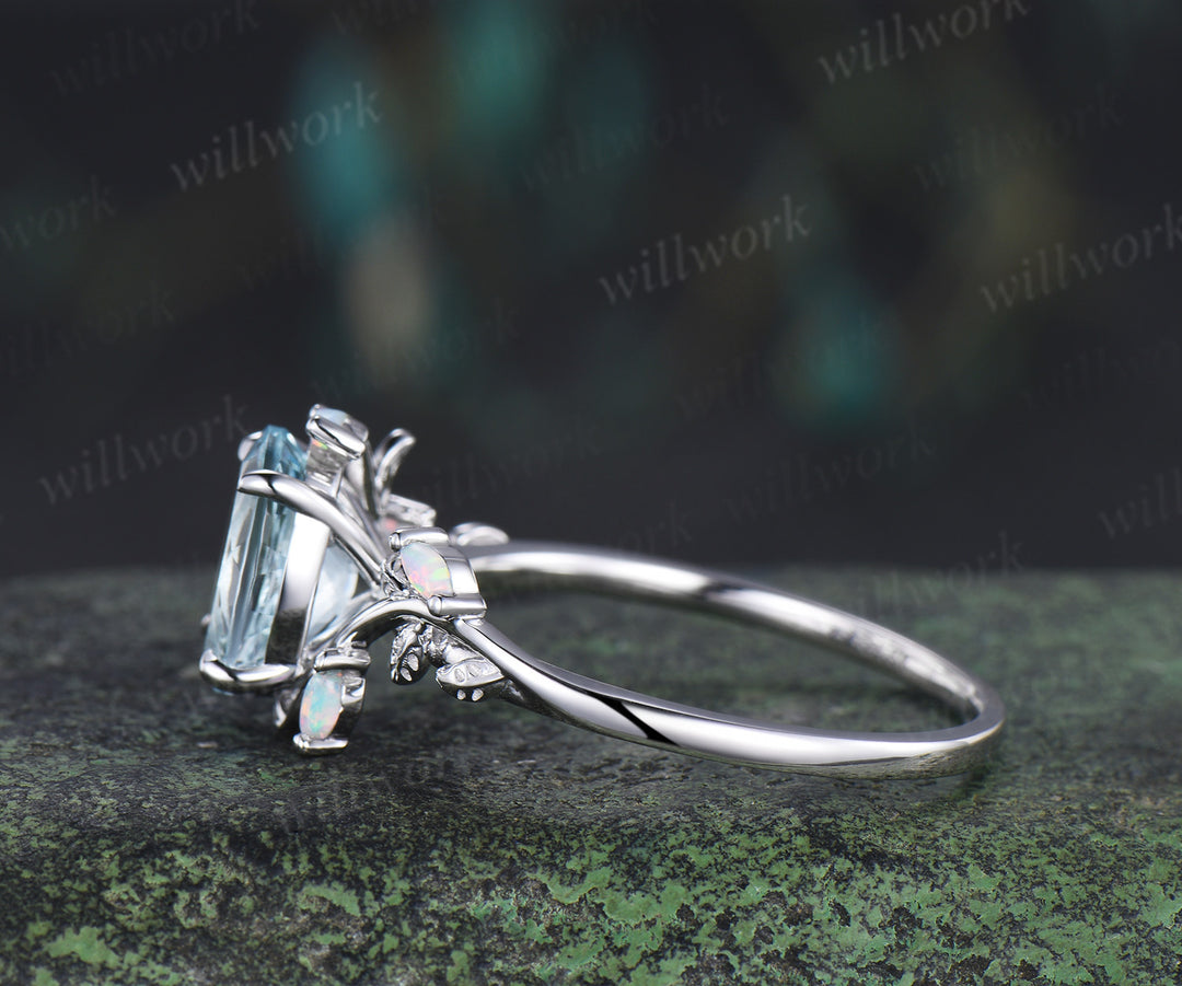8x10mm oval natural aquamarine ring marquise opal leaf twig engagement ring nature inspired March jewelry gifts