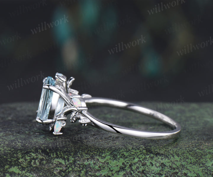 8x10mm oval natural aquamarine ring marquise opal leaf twig engagement ring nature inspired March jewelry gifts
