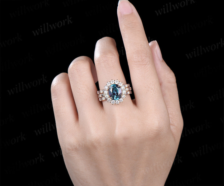8x10mm oval cut alexandrite halo engagement ring set color change gemstone moissanite half eternity band vintage bridal set