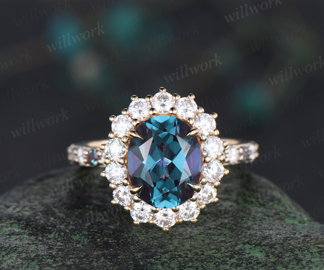8x10mm oval cut alexandrite halo engagement ring set color change gemstone moissanite half eternity band vintage bridal set