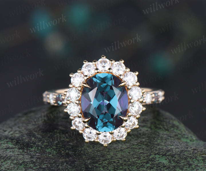 8x10mm oval cut alexandrite halo engagement ring set color change gemstone moissanite half eternity band vintage bridal set