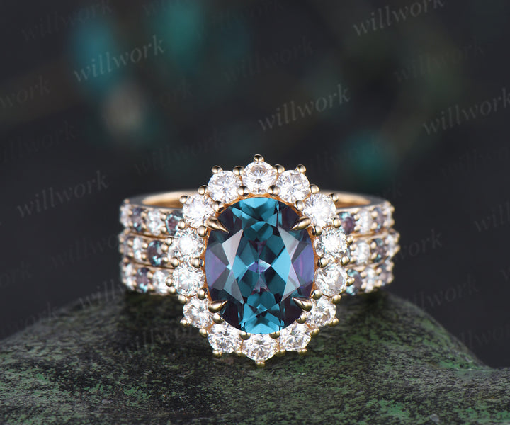 8x10mm oval cut alexandrite halo engagement ring set color change gemstone moissanite half eternity band vintage bridal set