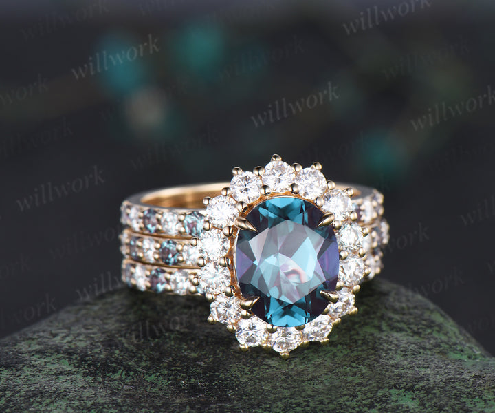 8x10mm oval cut alexandrite halo engagement ring set color change gemstone moissanite half eternity band vintage bridal set