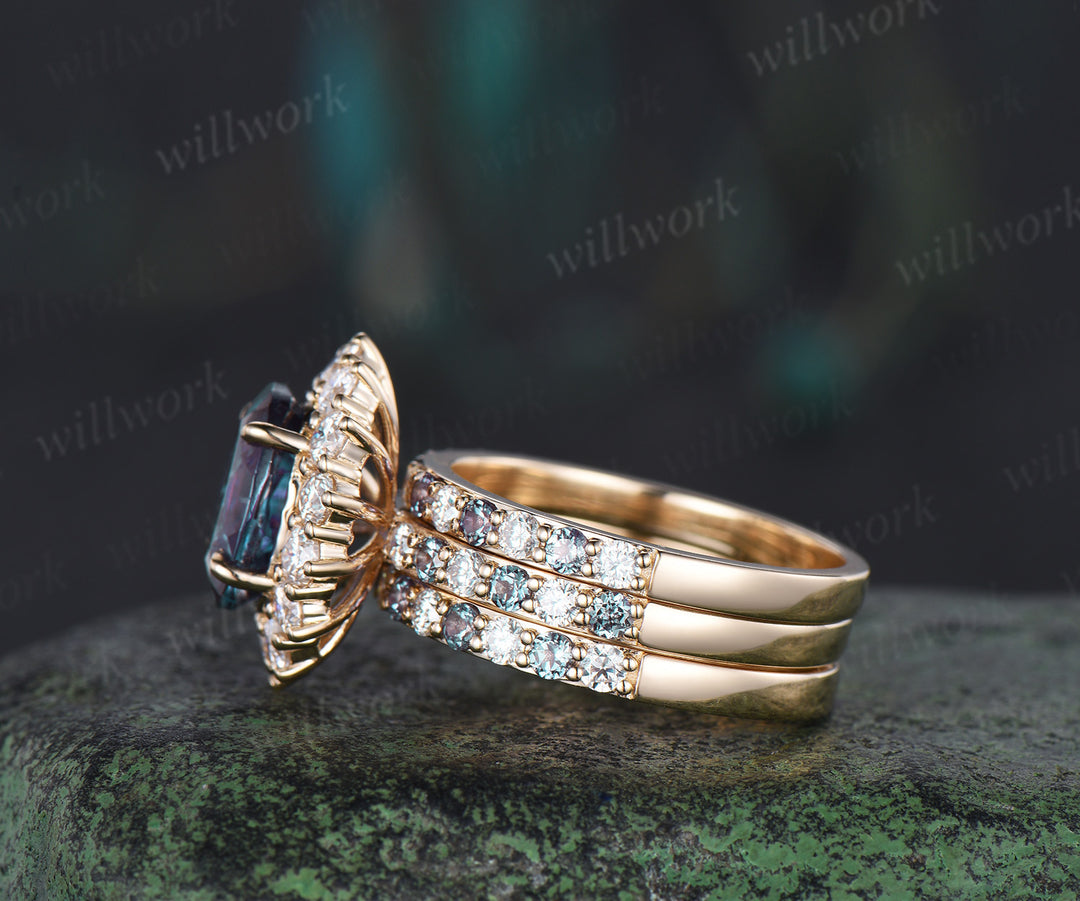 8x10mm oval cut alexandrite halo engagement ring set color change gemstone moissanite half eternity band vintage bridal set