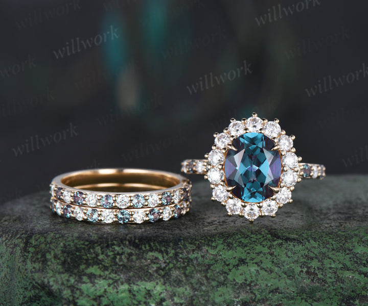 8x10mm oval cut alexandrite halo engagement ring set color change gemstone moissanite half eternity band vintage bridal set