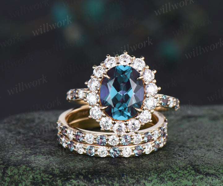 8x10mm oval cut alexandrite halo engagement ring set color change gemstone moissanite half eternity band vintage bridal set