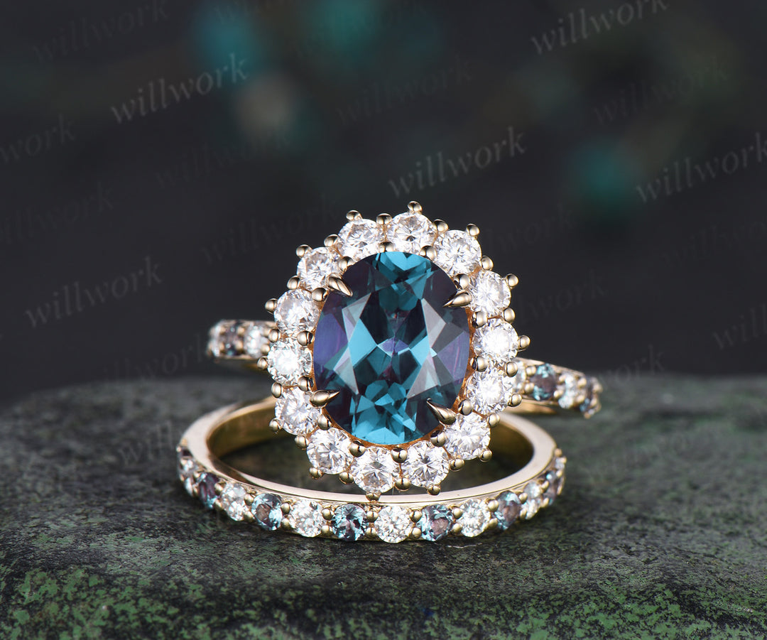 8x10mm oval cut alexandrite halo engagement ring set color change gemstone moissanite half eternity band vintage bridal set