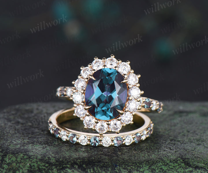 8x10mm oval cut alexandrite halo engagement ring set color change gemstone moissanite half eternity band vintage bridal set