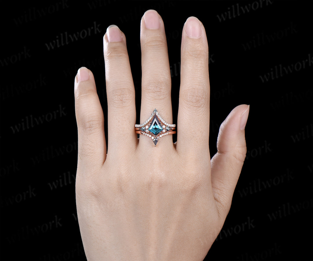 8x11mm kite cut alexandrite ring set seven stone color change gemstone ring curved V wedding band unique bridal set