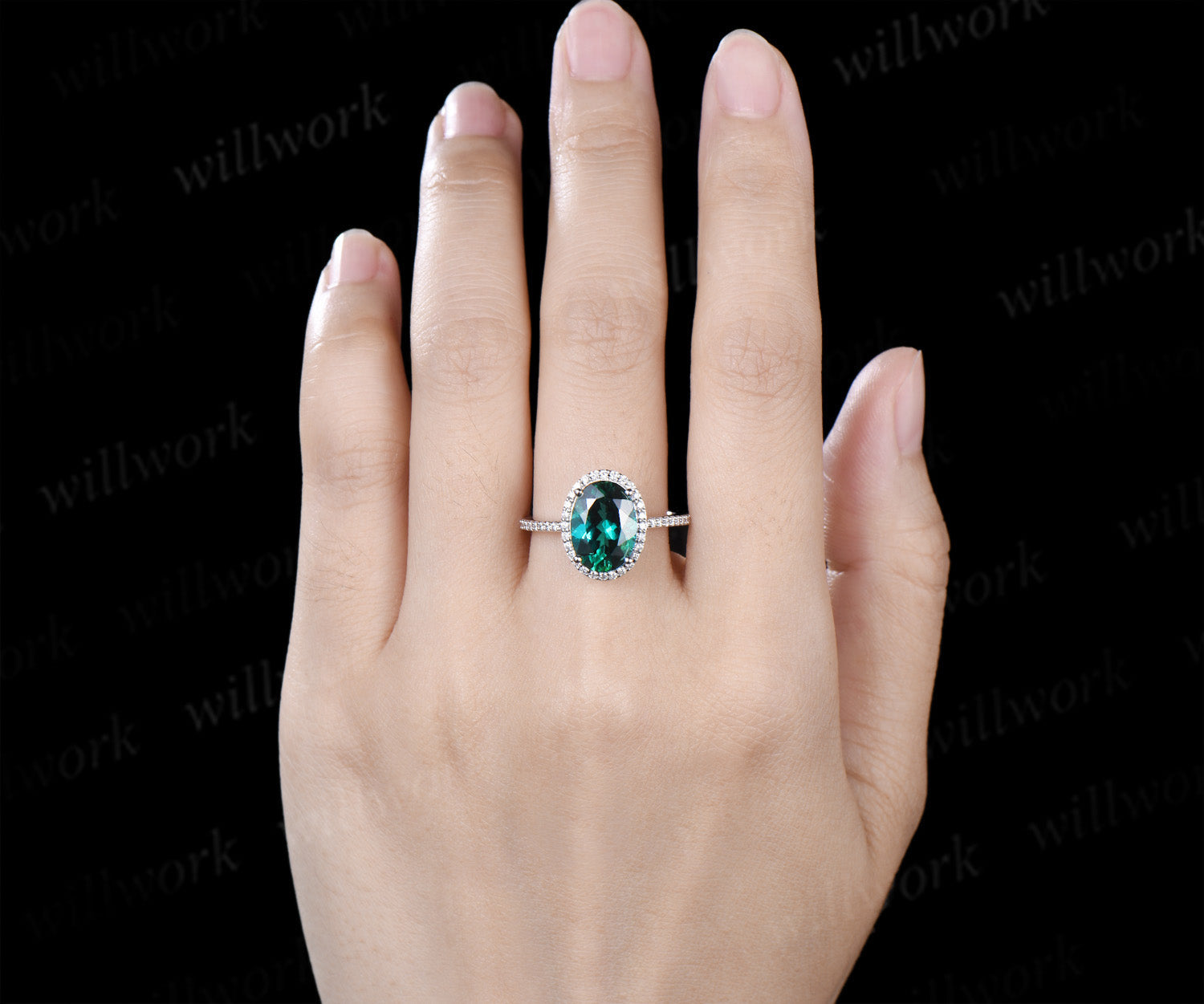 8x11mm oval cut emerald engagement ring vintage diamond halo