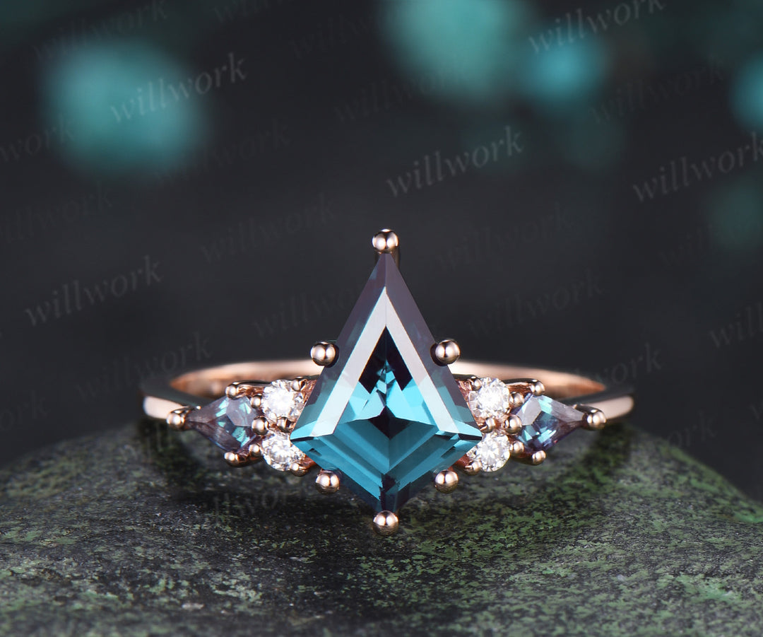 8x11mm kite cut alexandrite ring set seven stone color change gemstone ring curved V wedding band unique bridal set