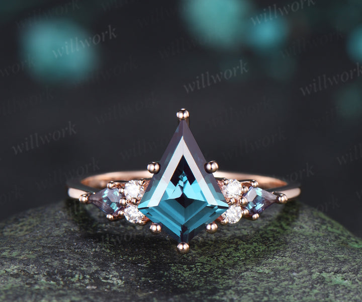 8x11mm kite cut alexandrite ring set seven stone color change gemstone ring curved V wedding band unique bridal set