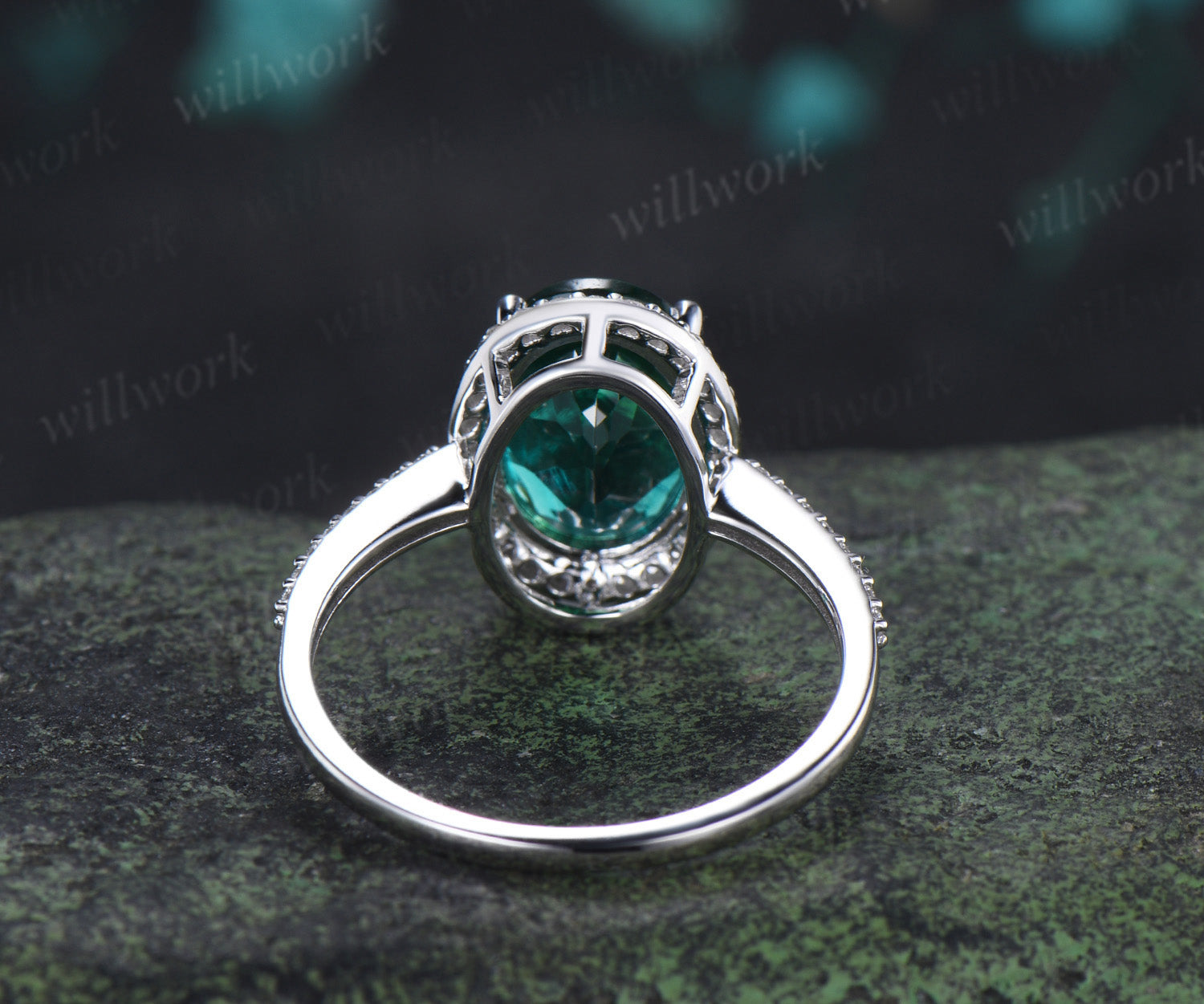 8x11mm oval cut emerald engagement ring vintage diamond halo