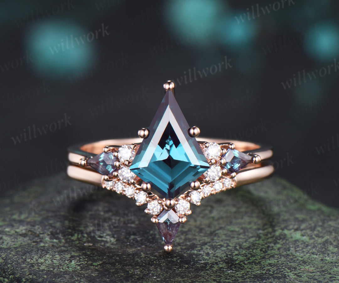 8x11mm kite cut alexandrite ring set seven stone color change gemstone ring curved V wedding band unique bridal set