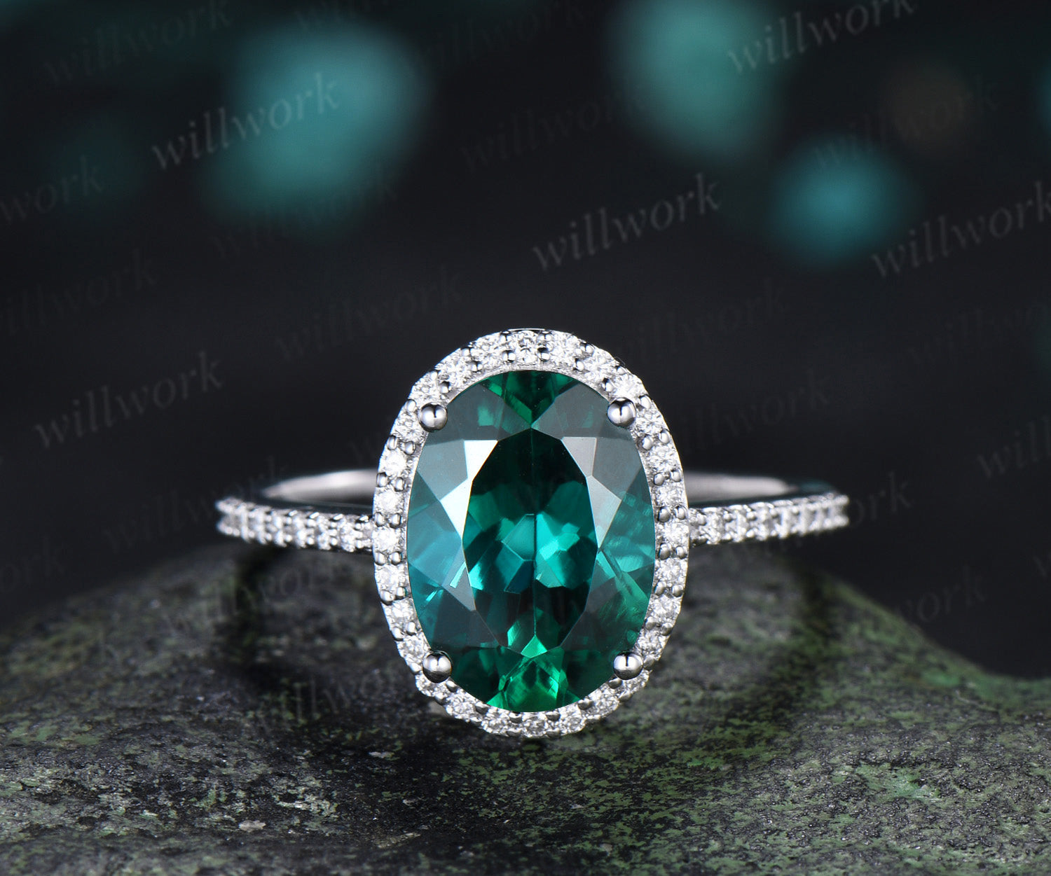 8x11mm oval cut emerald engagement ring vintage diamond halo