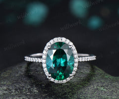 8x11mm oval cut emerald engagement ring vintage diamond halo promise ring half eternity band gifts for women