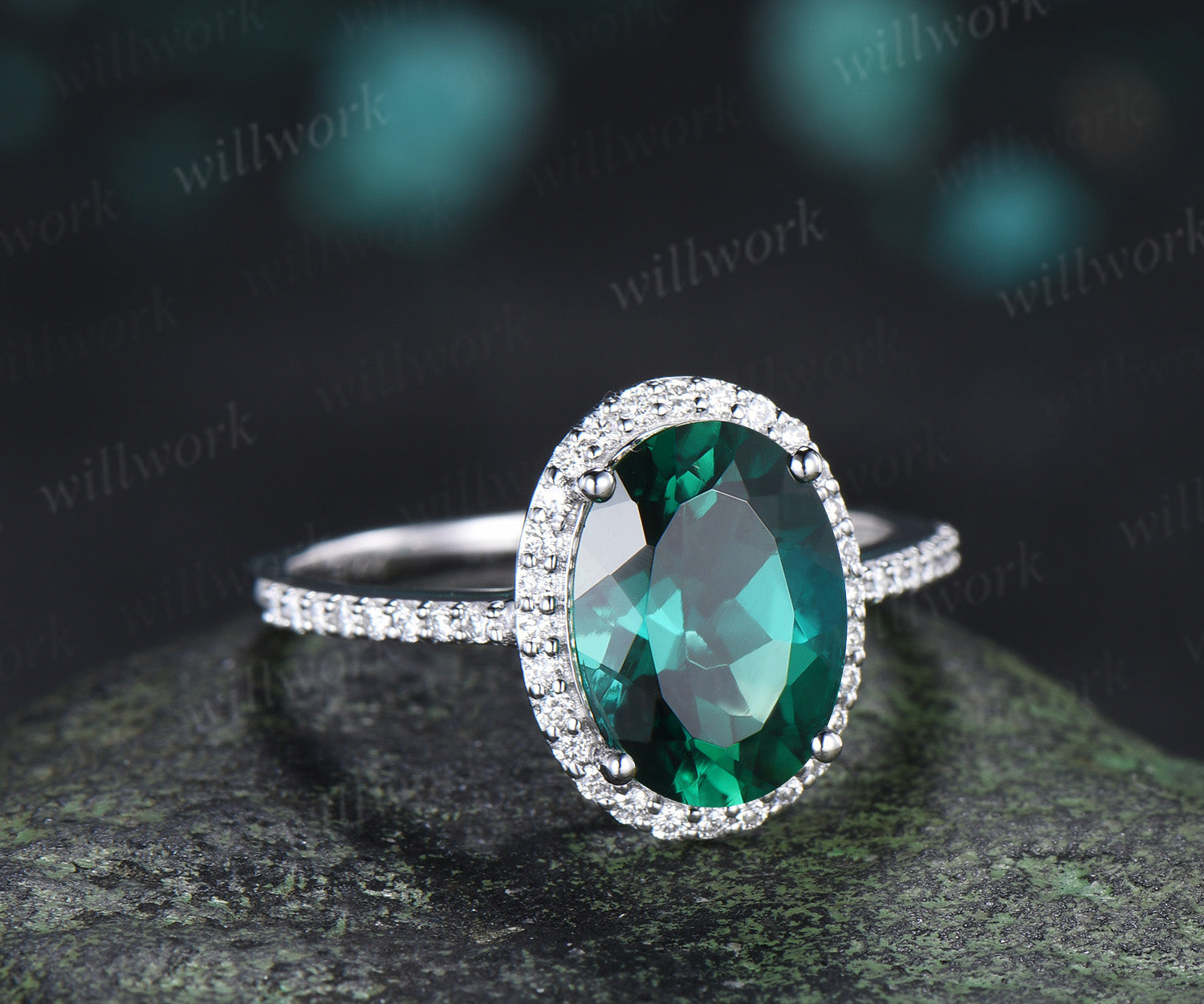 8x11mm oval cut emerald engagement ring vintage diamond halo