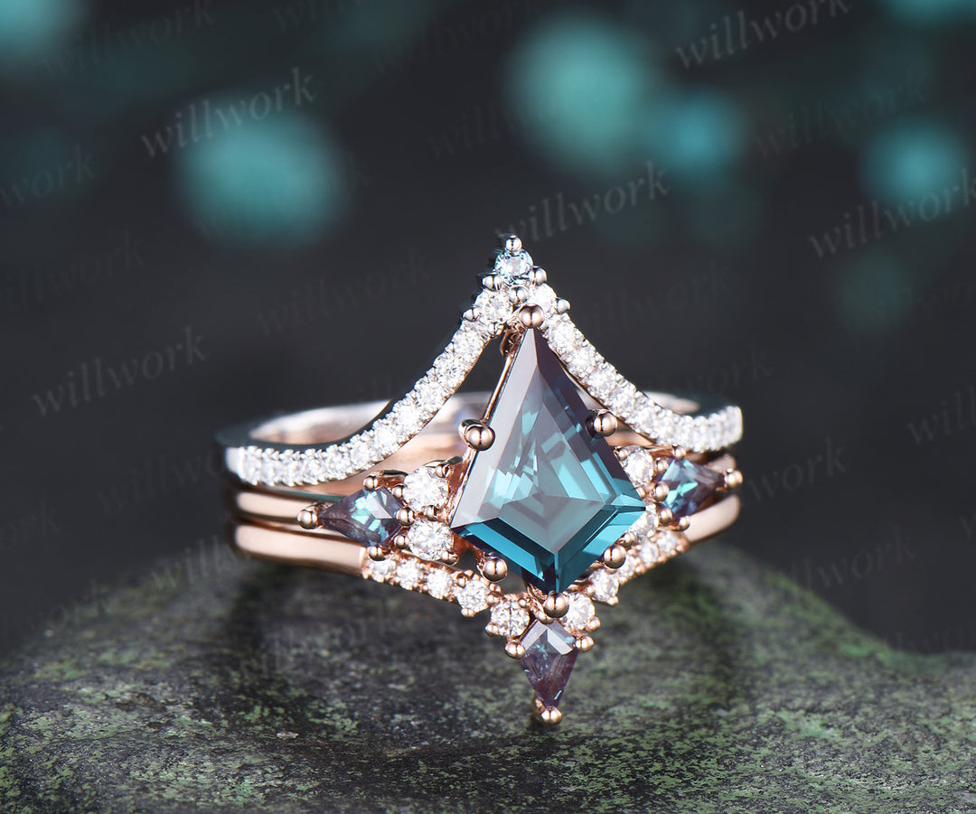 8x11mm kite cut alexandrite ring set seven stone color change gemstone ring curved V wedding band unique bridal set