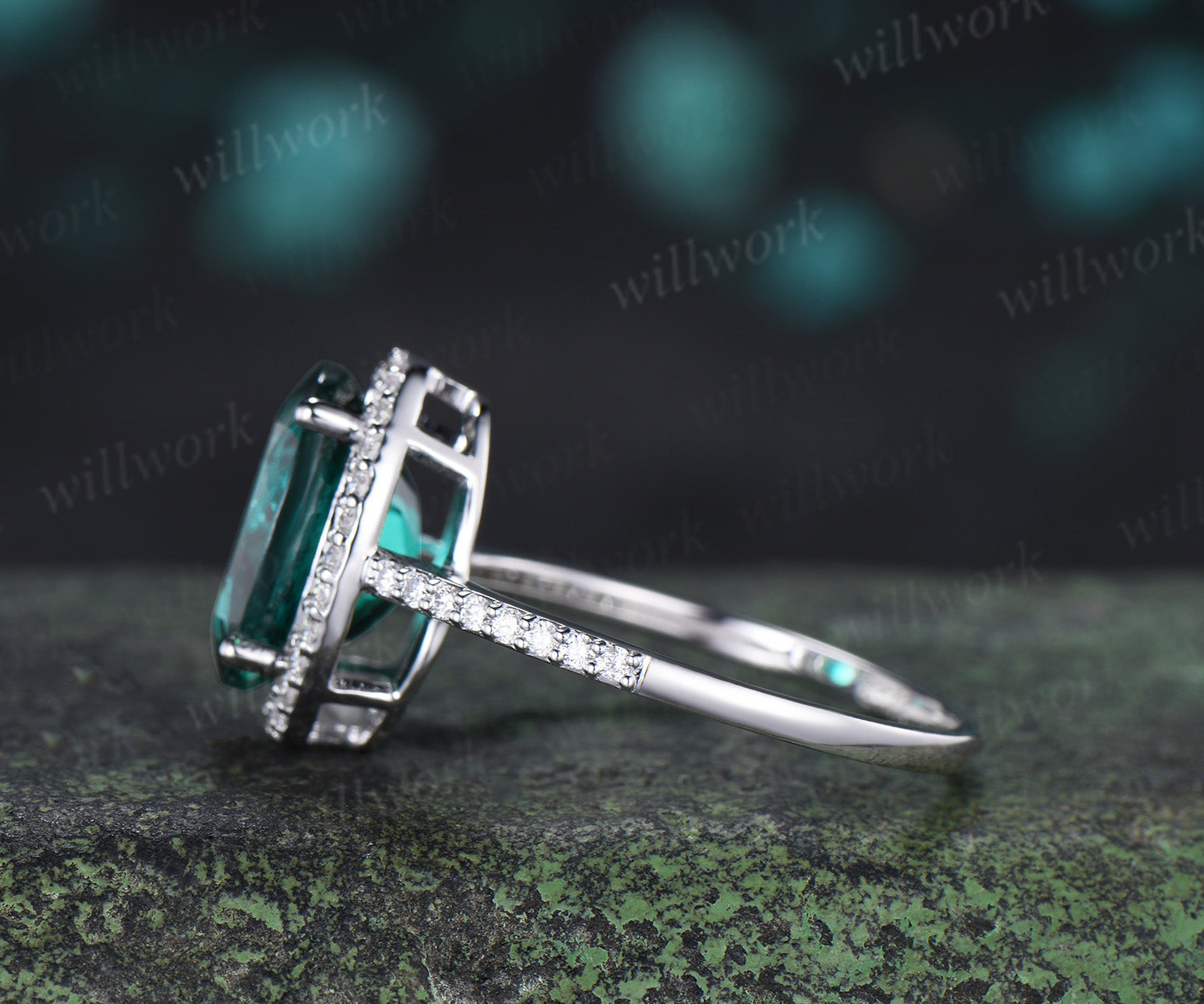 8x11mm oval cut emerald engagement ring vintage diamond halo