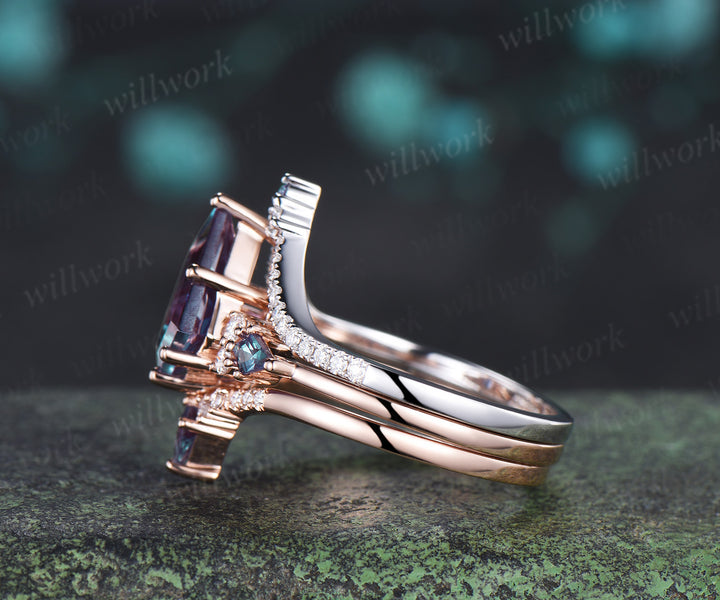 8x11mm kite cut alexandrite ring set seven stone color change gemstone ring curved V wedding band unique bridal set