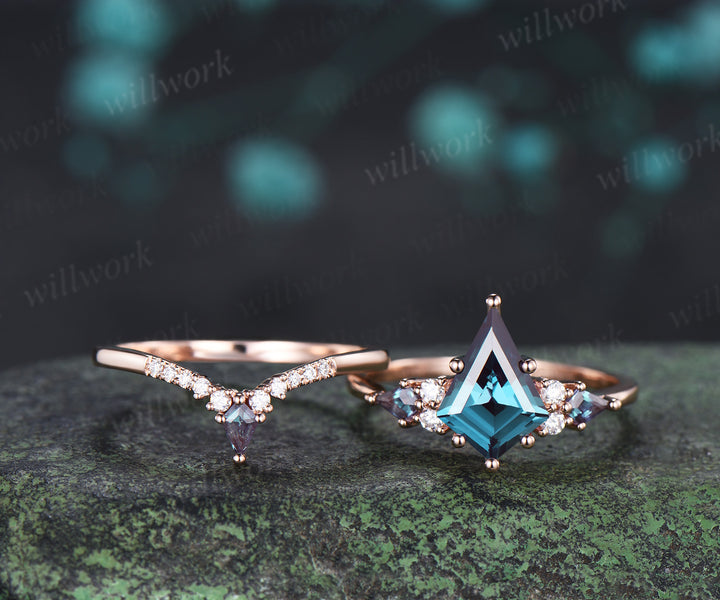 8x11mm kite cut alexandrite ring set seven stone color change gemstone ring curved V wedding band unique bridal set