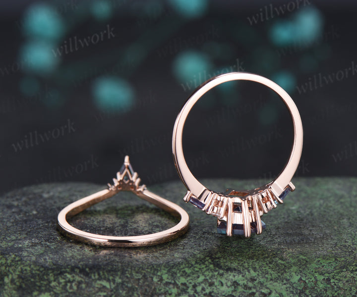 8x11mm kite cut alexandrite ring set seven stone color change gemstone ring curved V wedding band unique bridal set