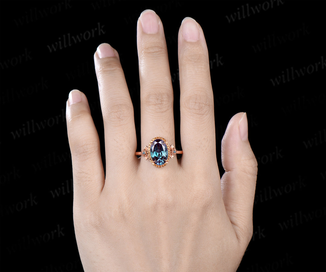 8x12mm oval cut alexandrite vintage citrine halo engagement ring set art deco alexandrite floral wedding bridal ring