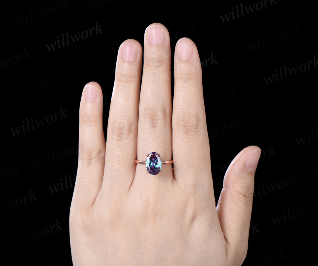 8x12mm Oval Cut Alexandrite Engagement Ring Diamond Hidden Halo Promise Ring Color Change Gemstone Ring