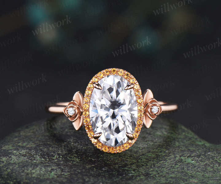 8x12mm oval cut moissanite vintage citrine halo engagement ring set art deco moissanite floral wedding ring