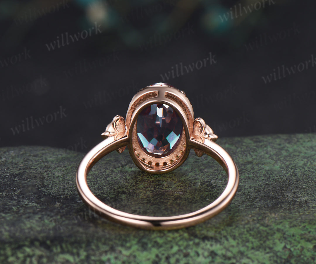 8x12mm oval cut alexandrite vintage citrine halo engagement ring set art deco alexandrite floral wedding bridal ring