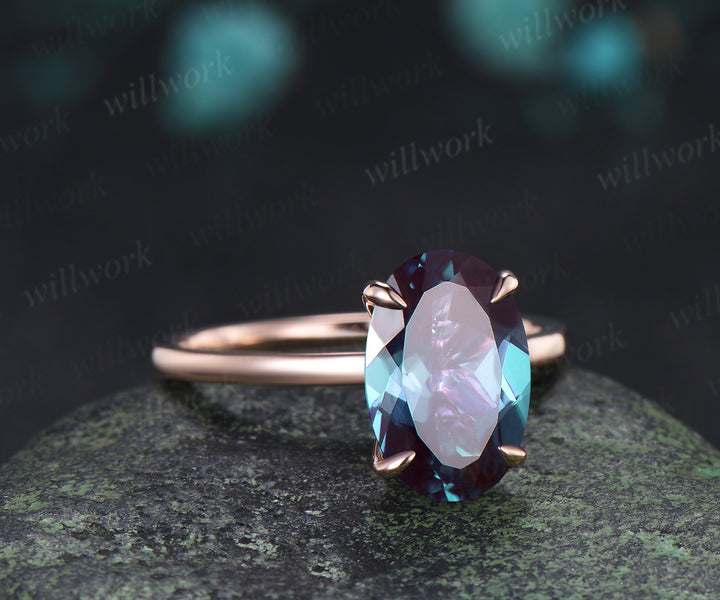 8x12mm Oval Cut Alexandrite Engagement Ring Diamond Hidden Halo Promise Ring Color Change Gemstone Ring