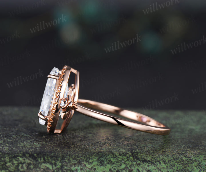 8x12mm oval cut moissanite vintage citrine halo engagement ring set art deco moissanite floral wedding ring