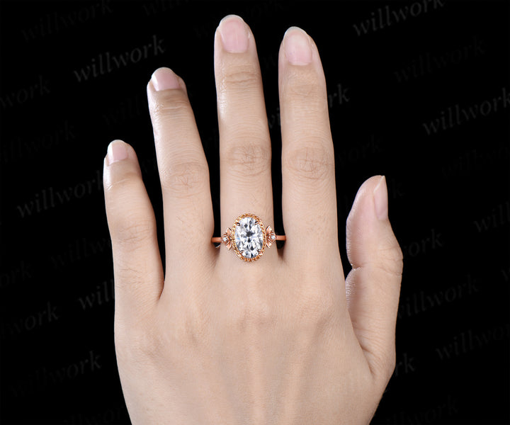 8x12mm oval cut moissanite vintage citrine halo engagement ring set art deco moissanite floral wedding ring