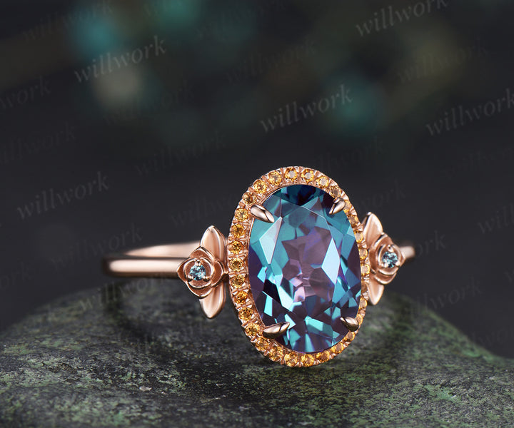 8x12mm oval cut alexandrite vintage citrine halo engagement ring set art deco alexandrite floral wedding bridal ring