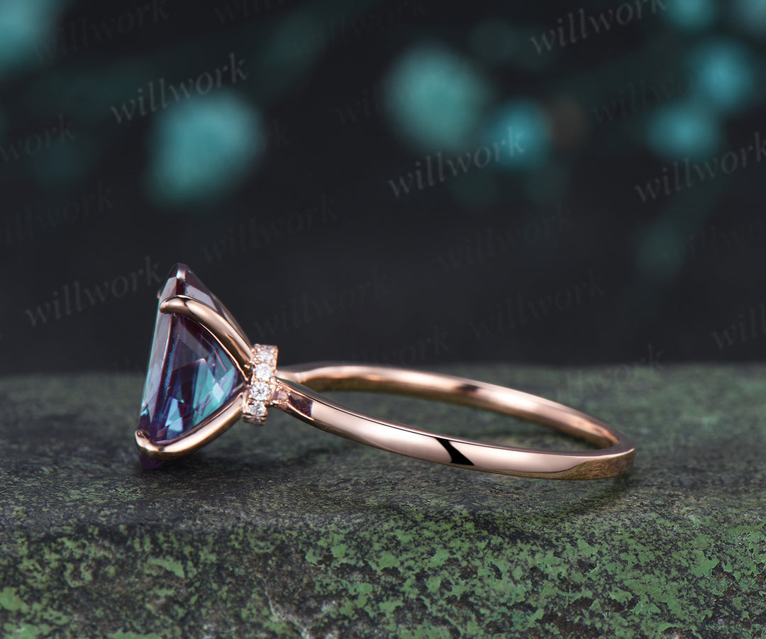 8x12mm Oval Cut Alexandrite Engagement Ring Diamond Hidden Halo Promise Ring Color Change Gemstone Ring