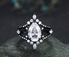 8x12mm pear cut moissanite engagement ring set unique 3 piece split shank milgrain black gold bridal set