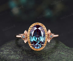 8x12mm oval cut alexandrite vintage citrine halo engagement ring set art deco alexandrite floral wedding bridal ring