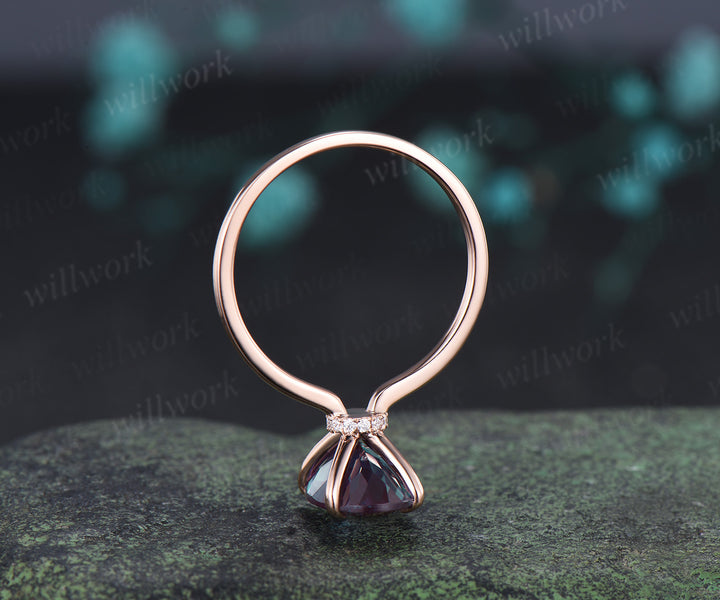 8x12mm Oval Cut Alexandrite Engagement Ring Diamond Hidden Halo Promise Ring Color Change Gemstone Ring