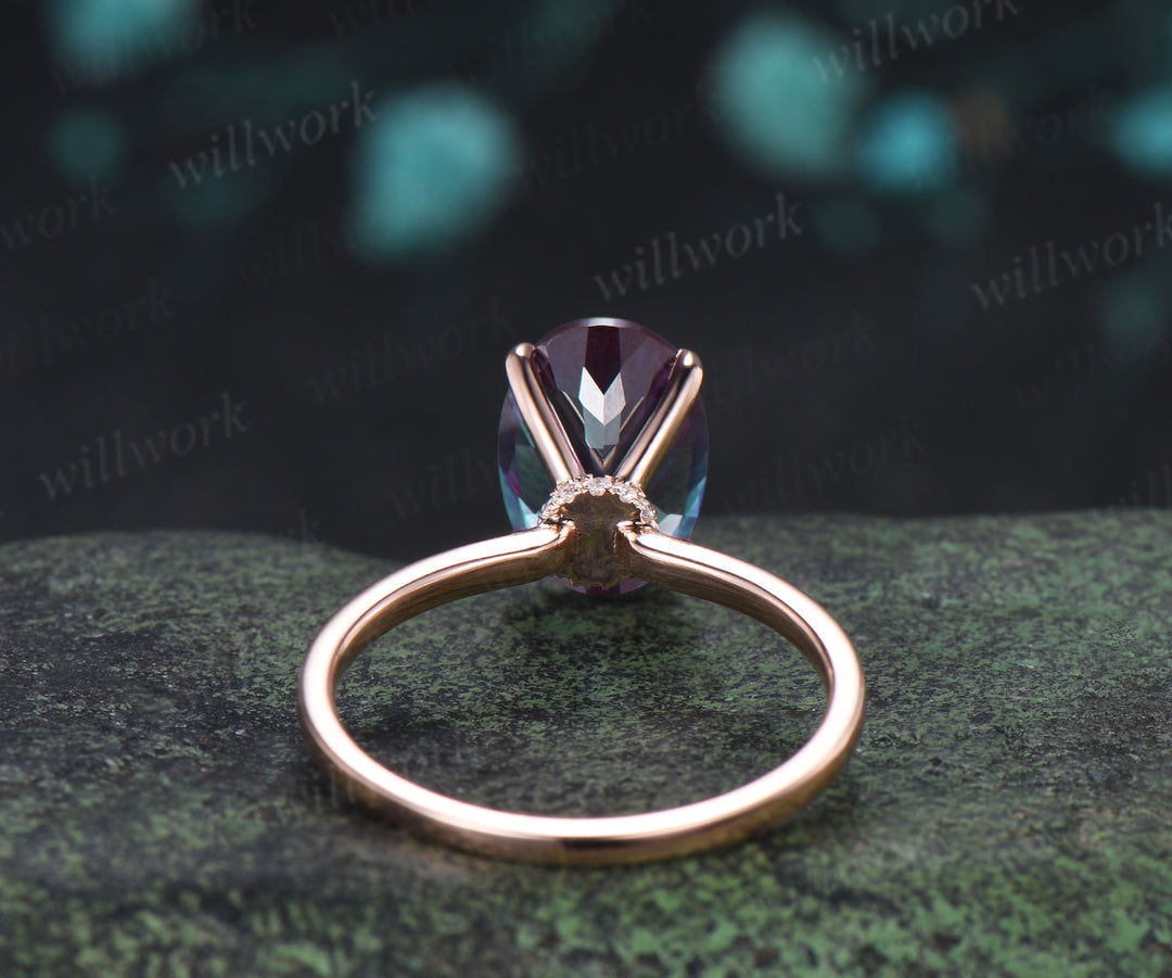 8x12mm Oval Cut Alexandrite Engagement Ring Diamond Hidden Halo Promise Ring Color Change Gemstone Ring