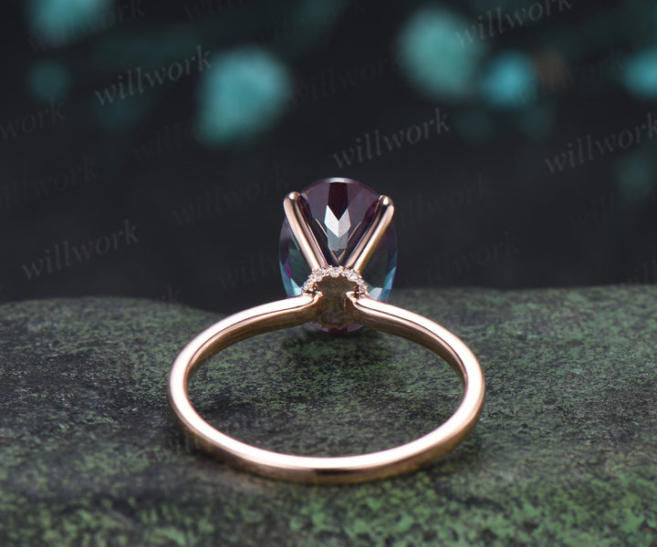 8x12mm Oval Cut Alexandrite Engagement Ring Diamond Hidden Halo Promise Ring Color Change Gemstone Ring