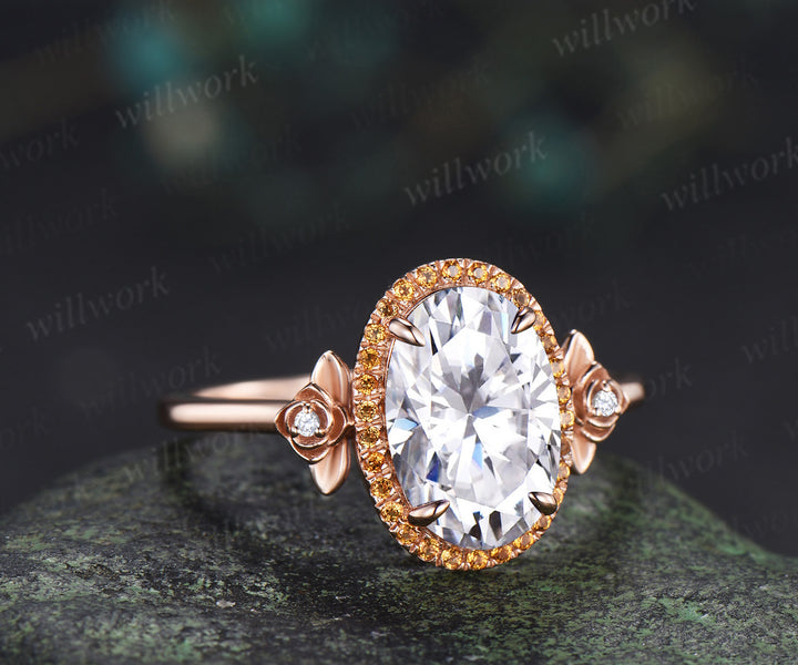 8x12mm oval cut moissanite vintage citrine halo engagement ring set art deco moissanite floral wedding ring