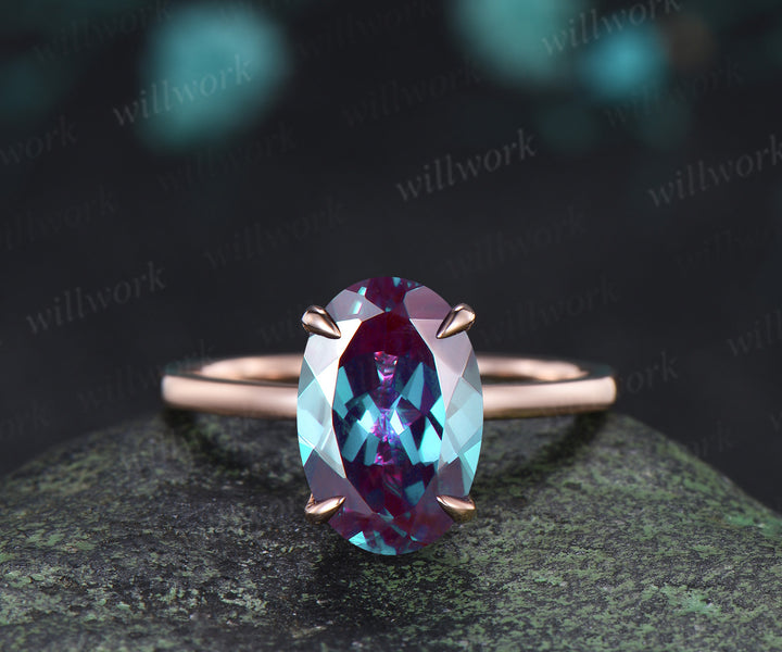 8x12mm Oval Cut Alexandrite Engagement Ring Diamond Hidden Halo Promise Ring Color Change Gemstone Ring