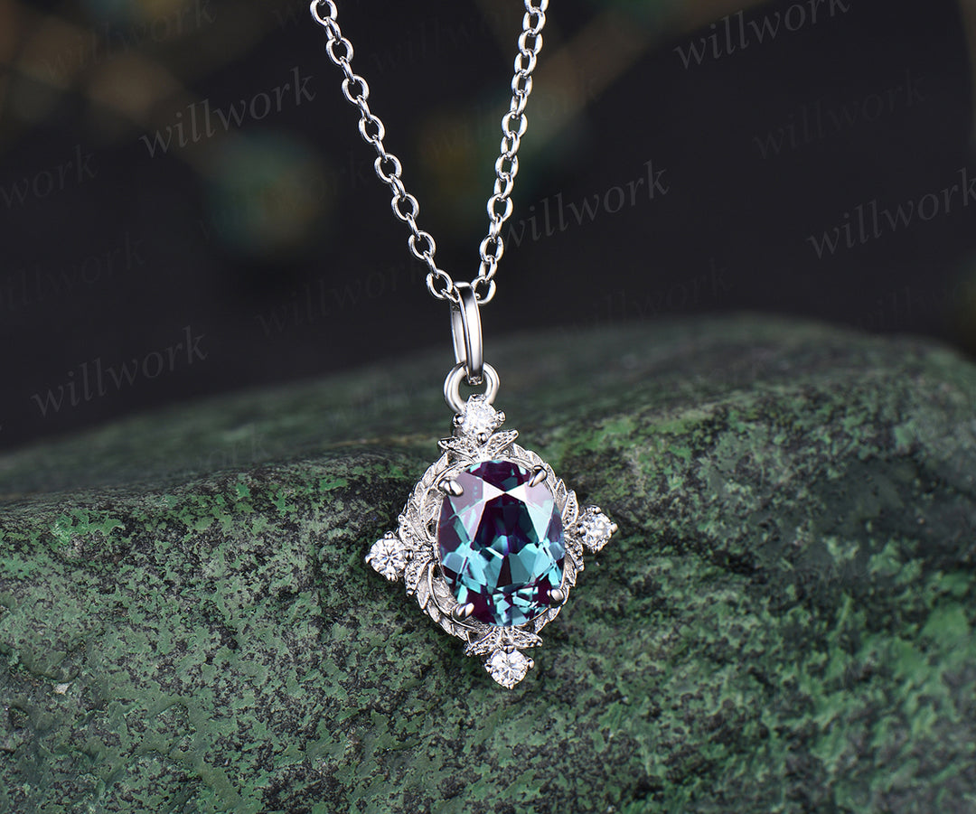 Oval alexandrite nature inspired leaf pendant necklace art deco moissanites diamonds necklace dainty sterling silver necklace for women gifts for her