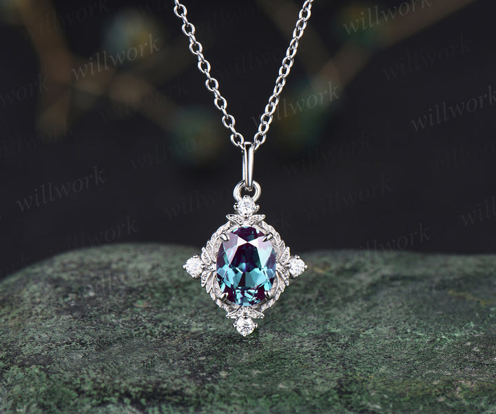 Oval alexandrite nature inspired leaf pendant necklace art deco moissanites diamonds necklace dainty sterling silver necklace for women gifts for her