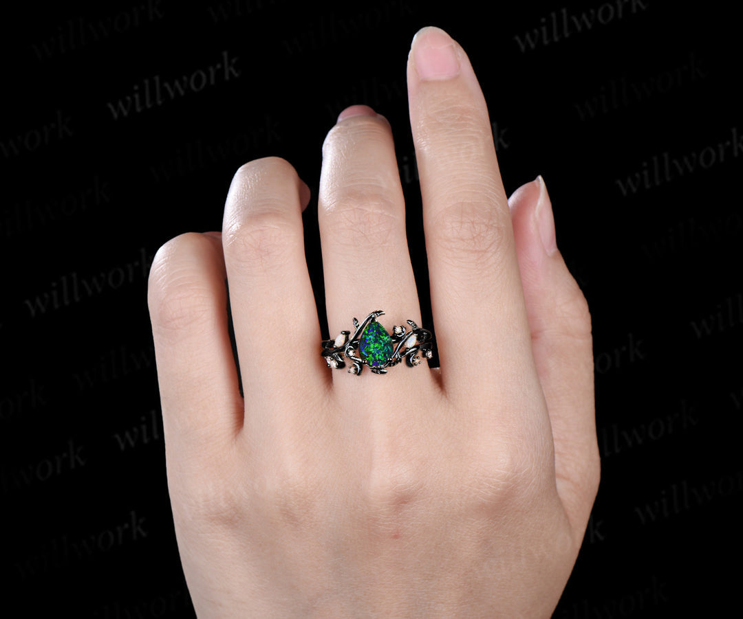 Vintage Pear Black Opal Leaf Vine Moon Ring Set & Tungsten Black Opals Gold Flakes Men Band Couple Ring Set