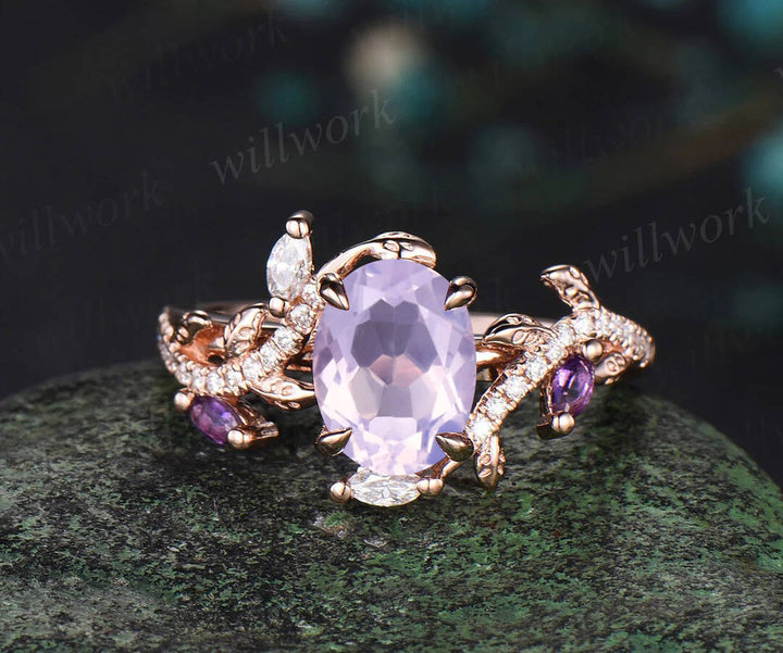 Unique Oval Cut Lavender Amethyst Engagement Ring Set February Birthstone Moon Leaf Nature Inspired Ring Art Deco 2pcs Bridal Ring Set Women
